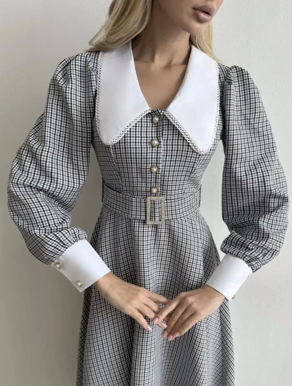 Zara Vintage Collar Lace Check Button Front Puff Sleeve Belted Waist Dress